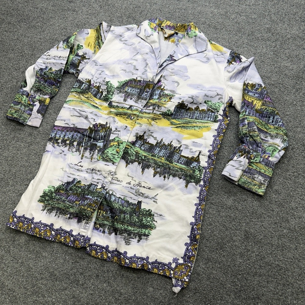 Vintage France Women's Button Up Shirt Paintings City Art Size Large Purple - Picture 3 of 8